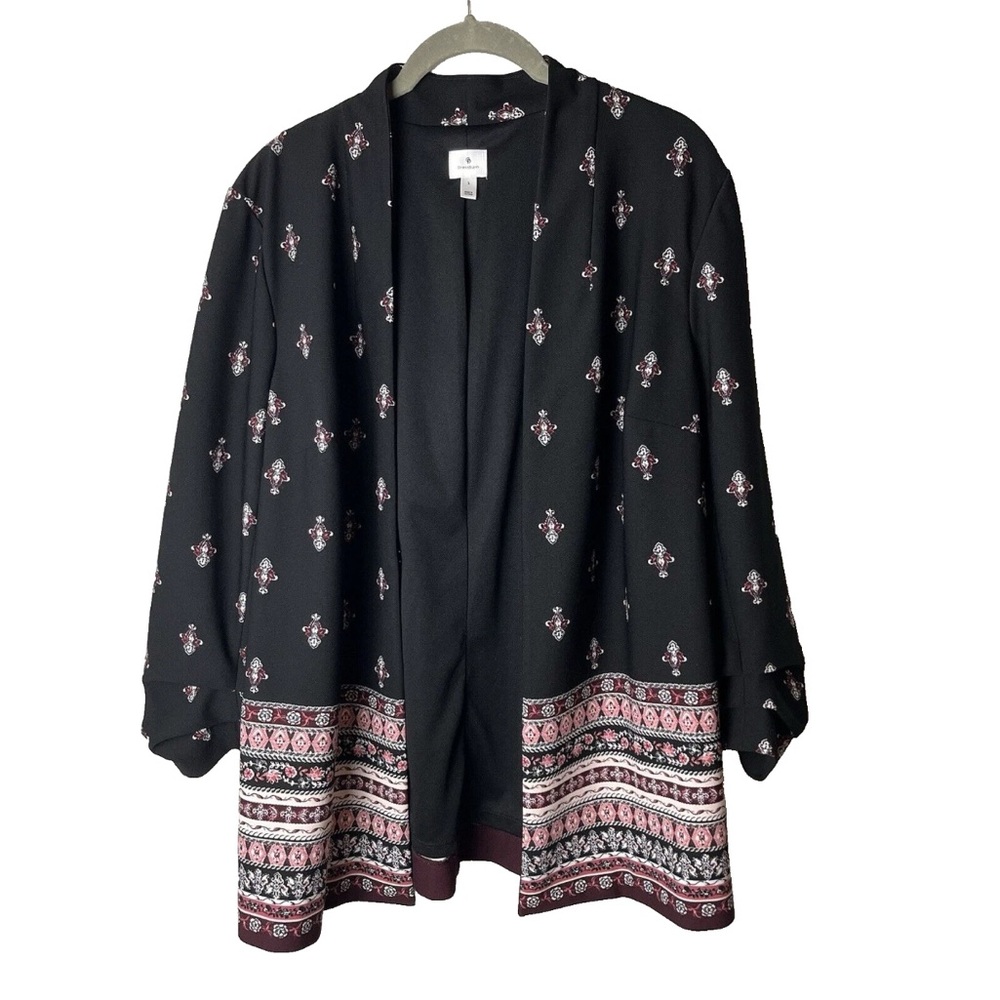 Dressbarn Open Cardigan Top Size Large Ruched Cuffs Black Pink Maroon White